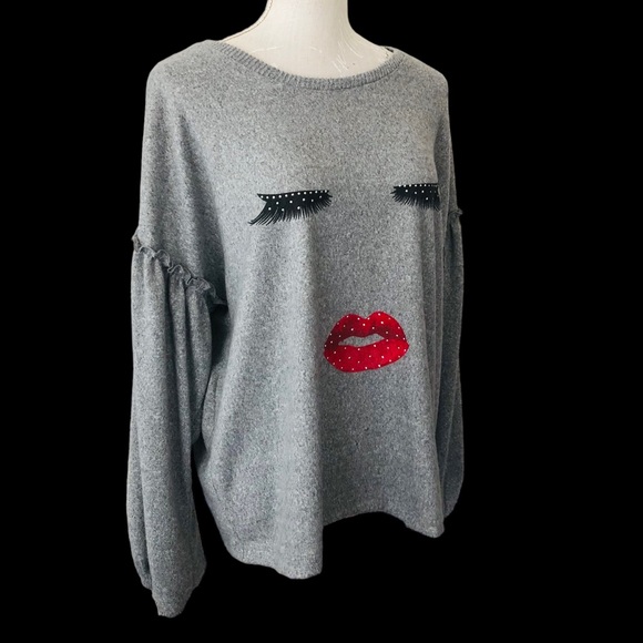 $10 SALE! LOVE + LUXE Heather Gray Eyelashes Lips Face Long Sleeves Sweater XL - Picture 5 of 12